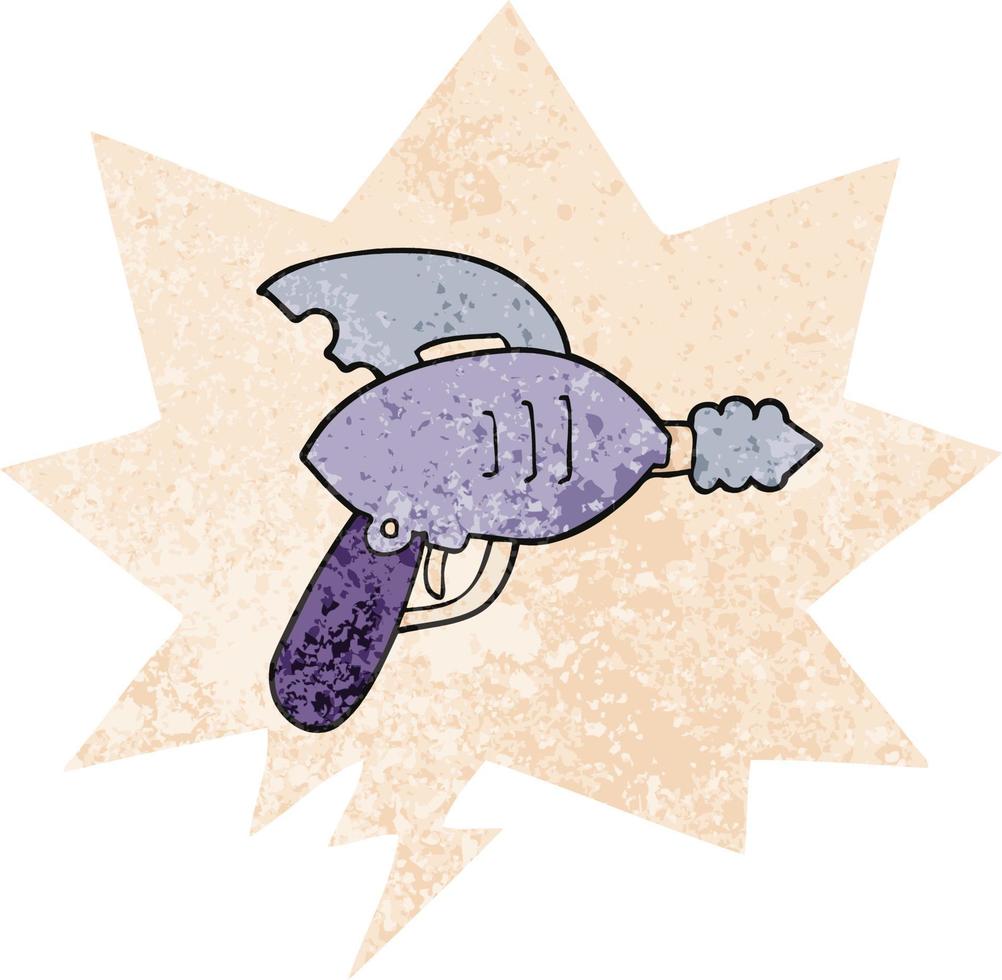 cartoon ray gun and speech bubble in retro textured style vector