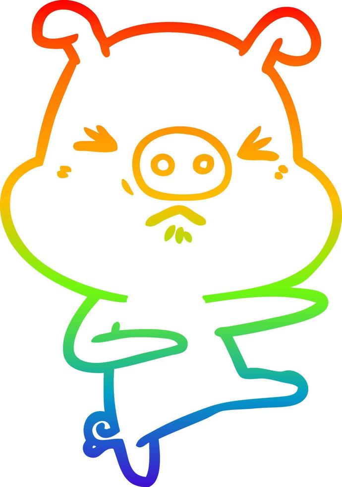 rainbow gradient line drawing cartoon angry pig kicking out vector