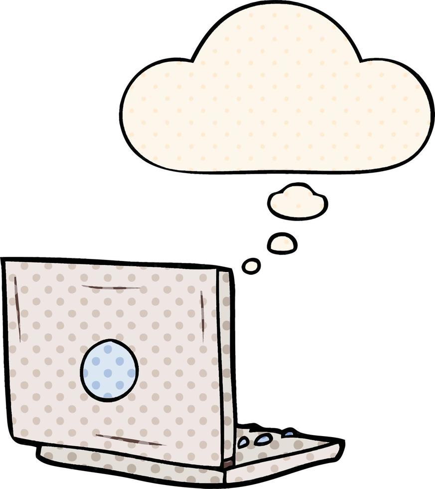 computadora portátil de dibujos animados y burbuja de pensamiento al estilo de un libro de historietas vector