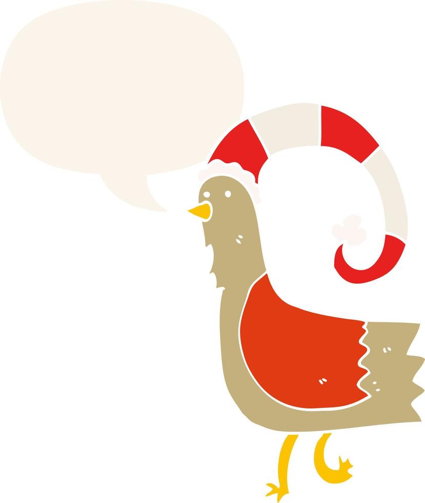 pollo de carotón con divertido sombrero de navidad y burbuja de habla al estilo retro vector