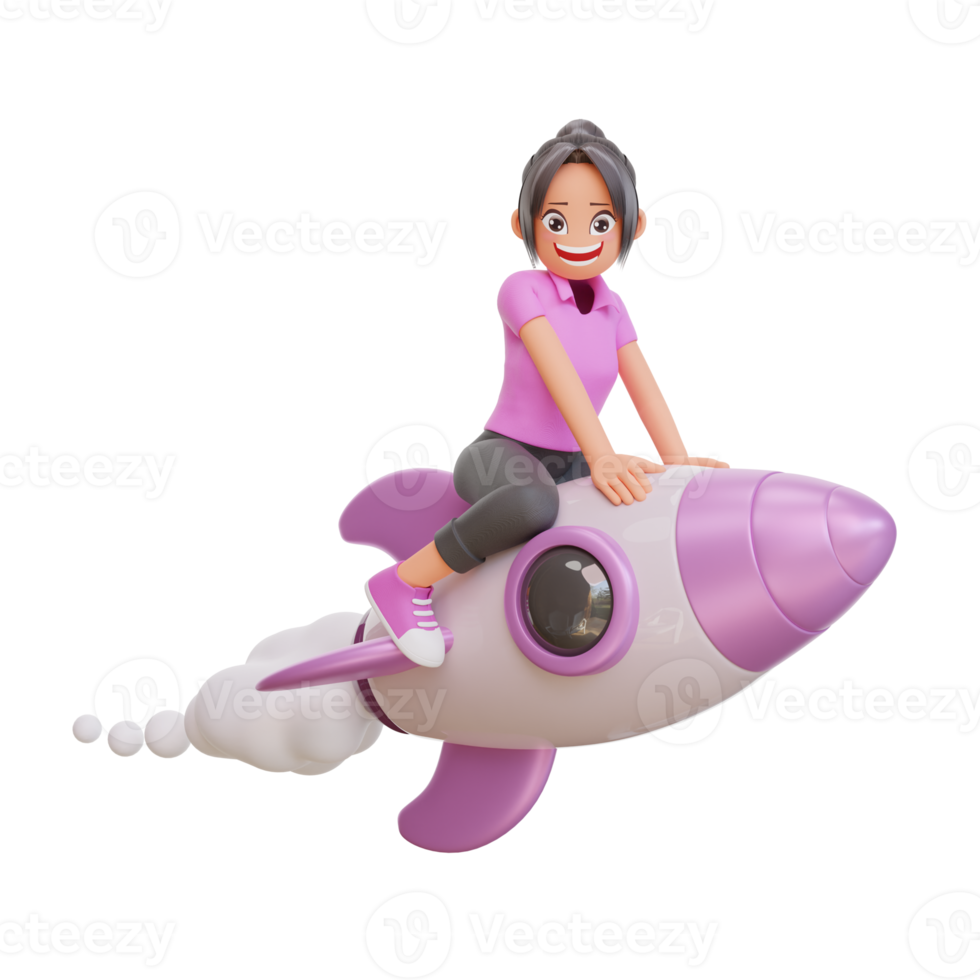 illustration cute girls is flying on a rocket png