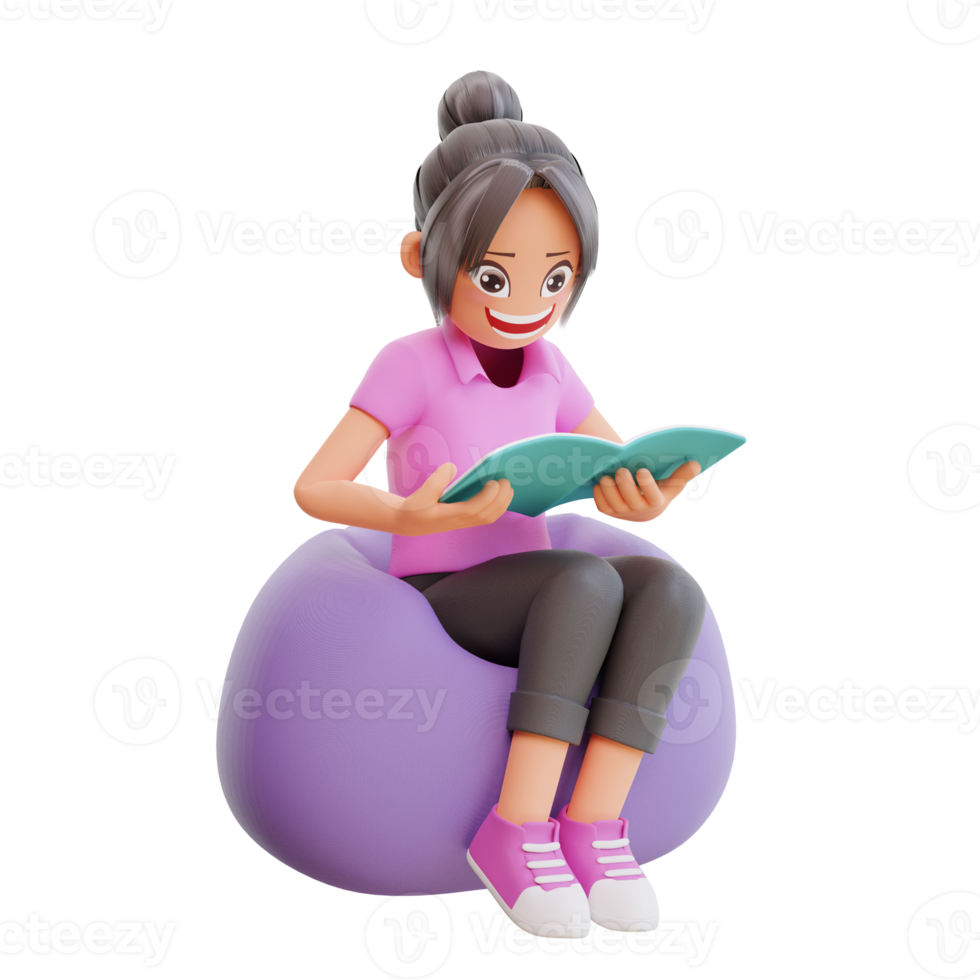 illustration cute girl reading book png