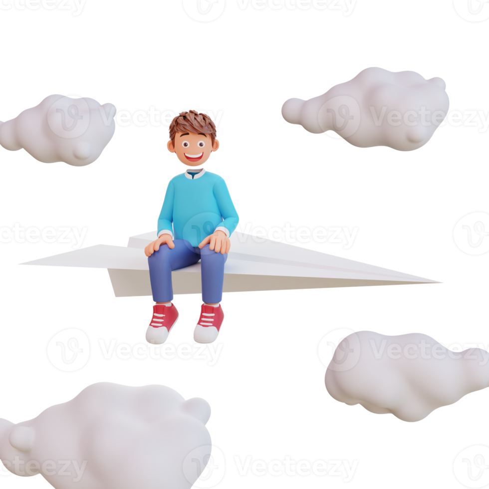 illustration cute boy sit on paper plane png