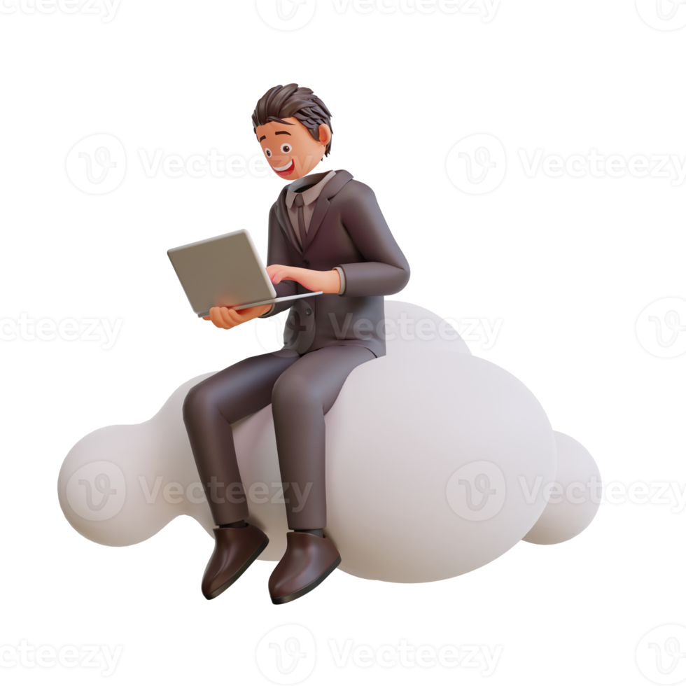 Concept mobile application and cloud services bussinesman character sits on big cloud sign png