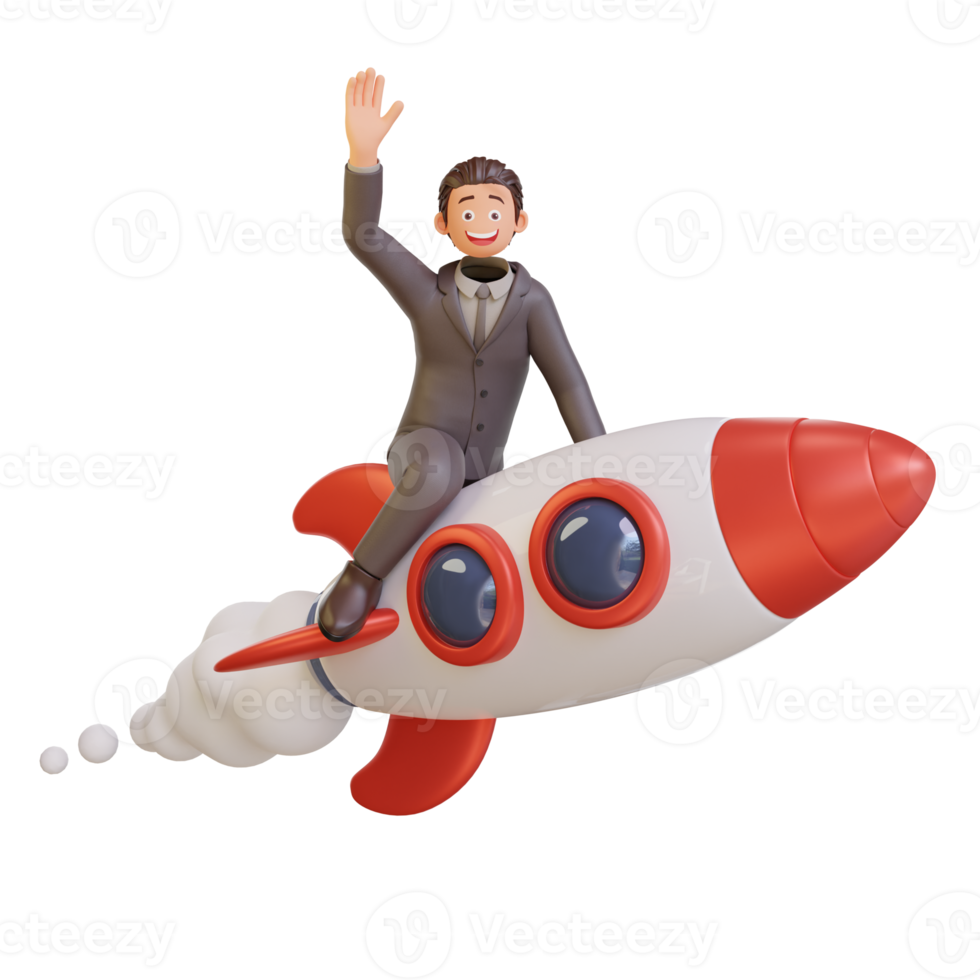 businessman character is flying on a rocket png