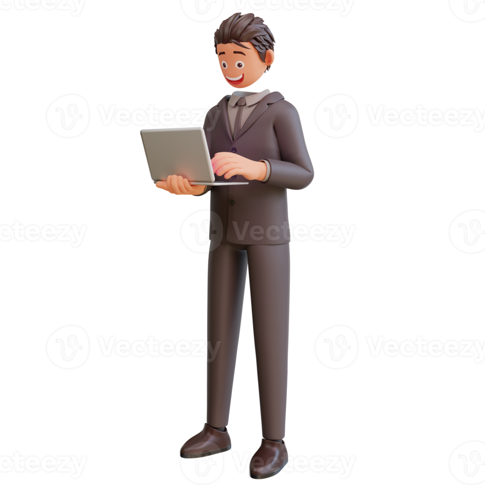 llustration of standing happy bussinesman holding laptop. Communication, office workplace concept png