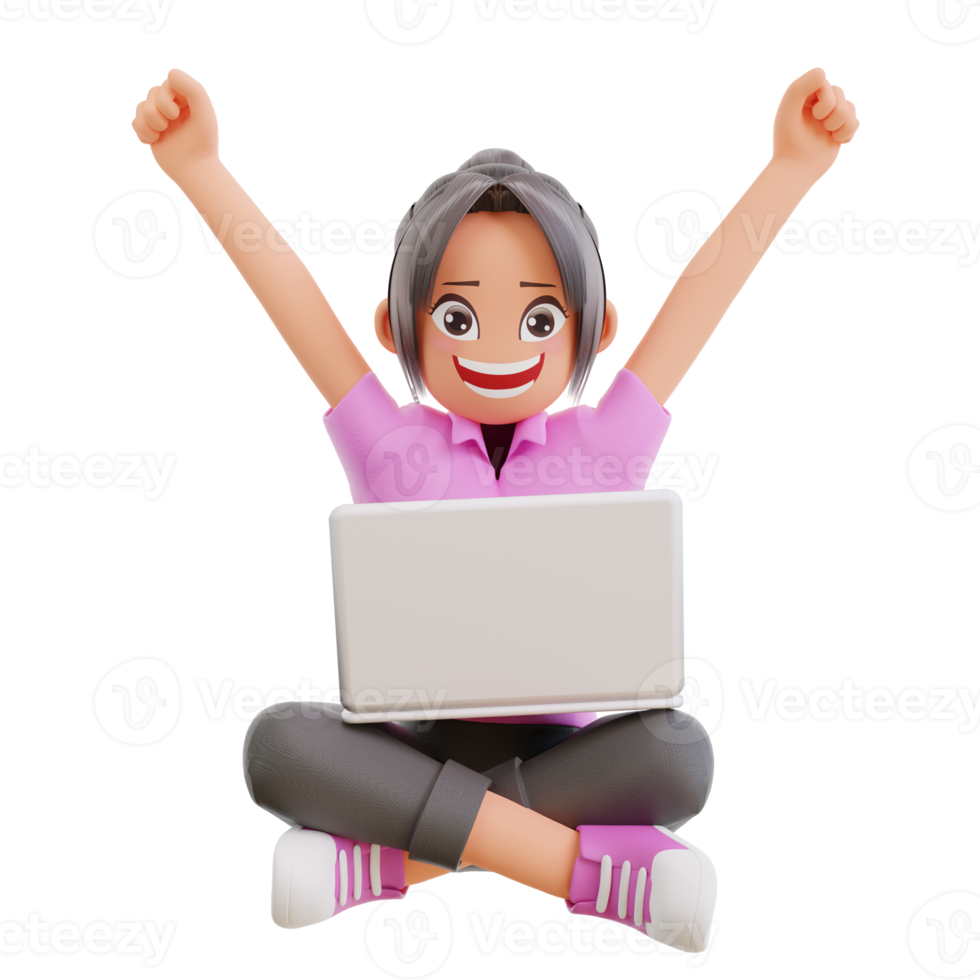 Happy cheerful cute girl child having fun spend summer holidays away from school, sits crossed legs using laptop, excited studying at home with e-learning program png