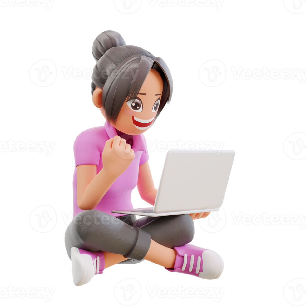 linda garota sente-se de pernas cruzadas segure laptop estudando em casa animado aprender novas informações estudando via internet contato professor de idiomas aula de videochamada png
