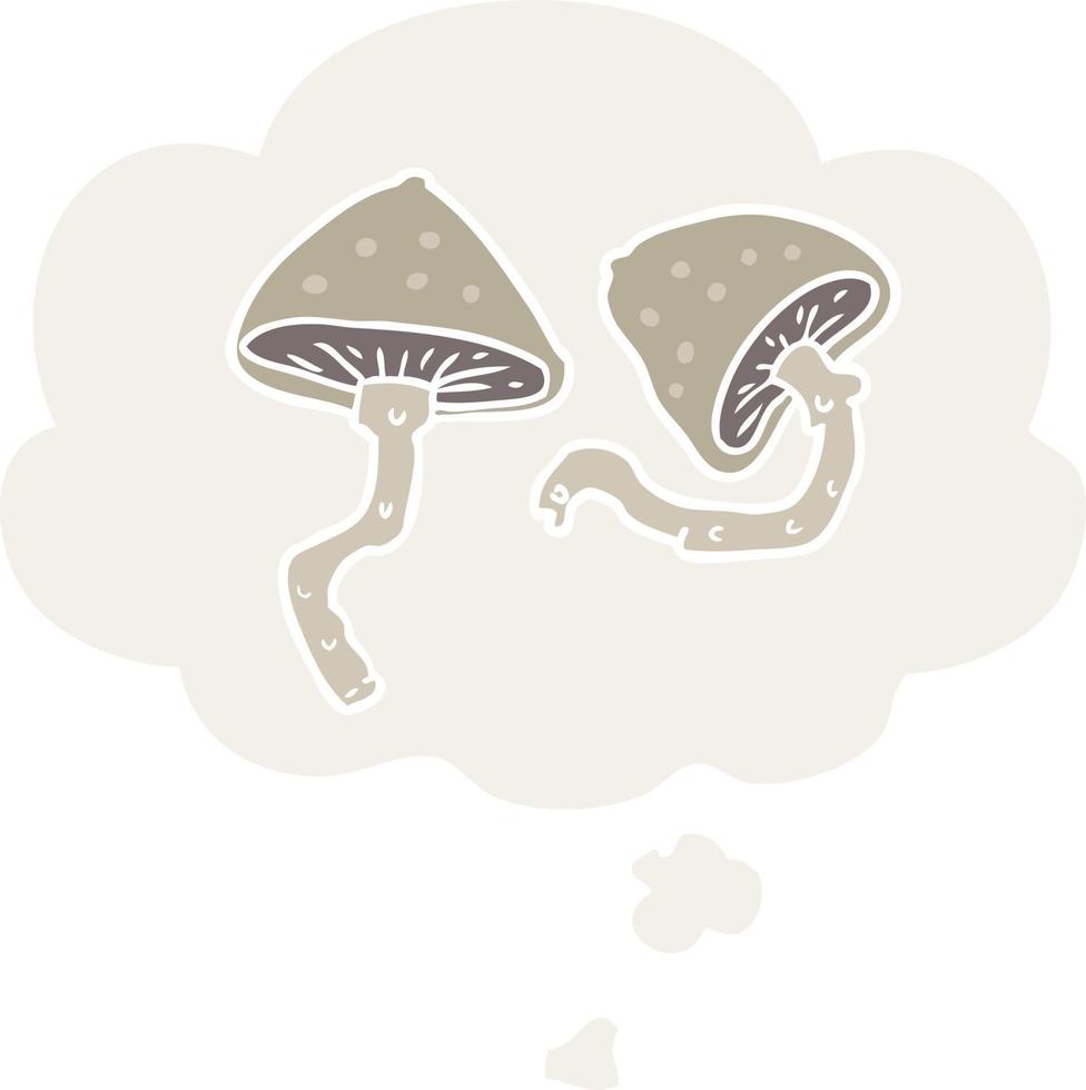 cartoon mushrooms and thought bubble in retro style vector