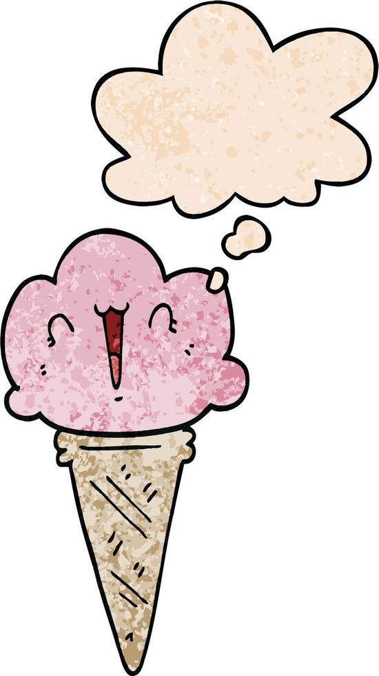 helado de dibujos animados con cara y burbuja de pensamiento en estilo de patrón de textura grunge vector