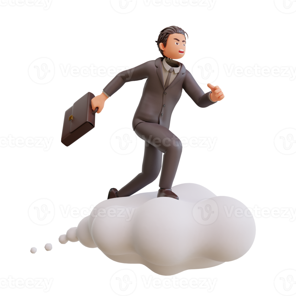 bussinesman character is flying on a cloud 3d illustration png