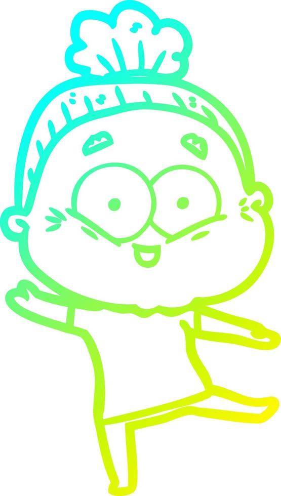 cold gradient line drawing cartoon happy old woman vector