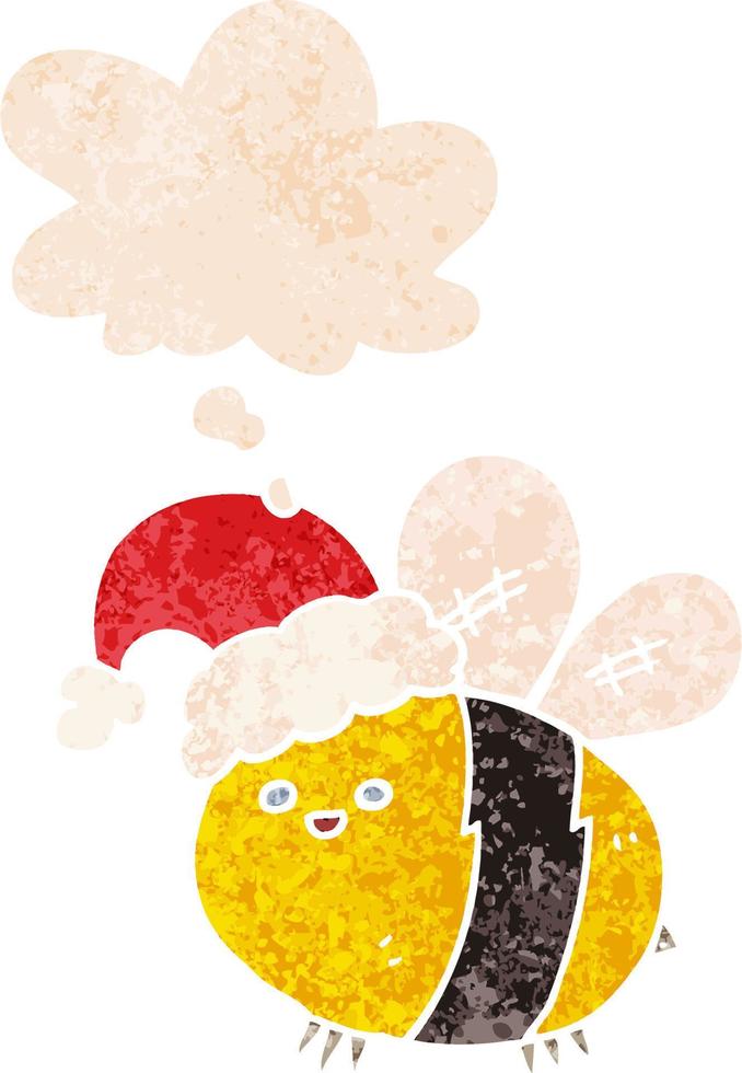 cute cartoon bee wearing christmas hat and thought bubble in retro textured style vector