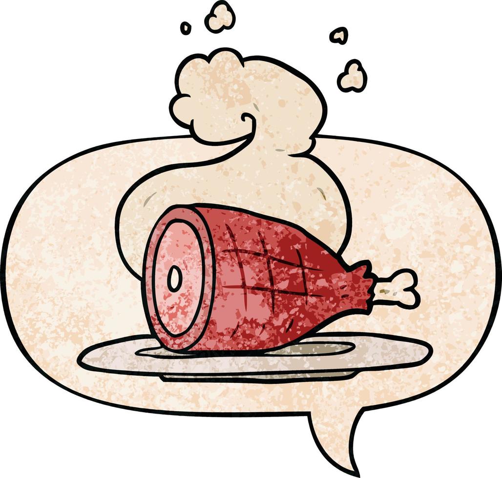 cartoon cooked meat and speech bubble in retro texture style vector