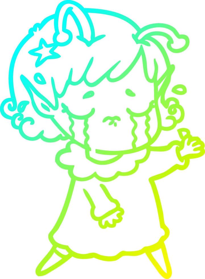 cold gradient line drawing cartoon crying alien girl vector