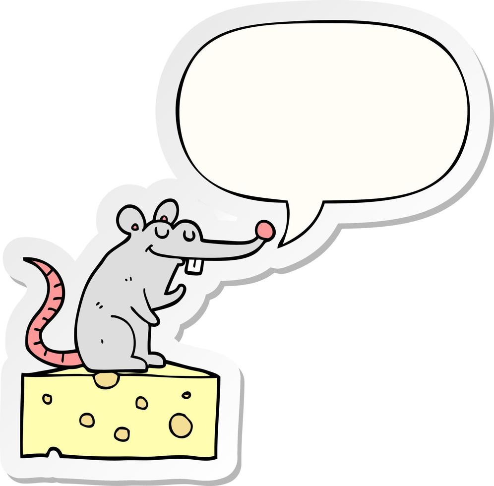 cartoon mouse sitting on cheese and speech bubble sticker vector