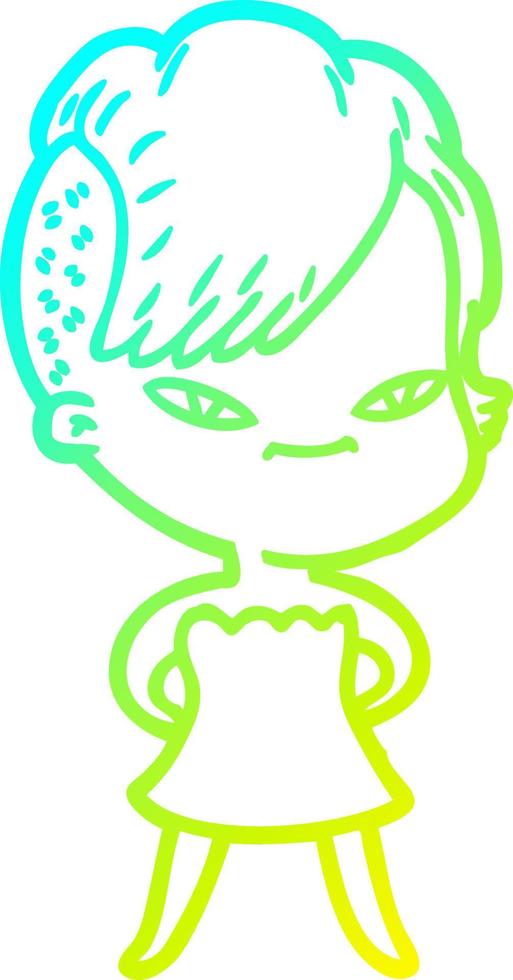 cold gradient line drawing cute cartoon girl with hipster haircut vector