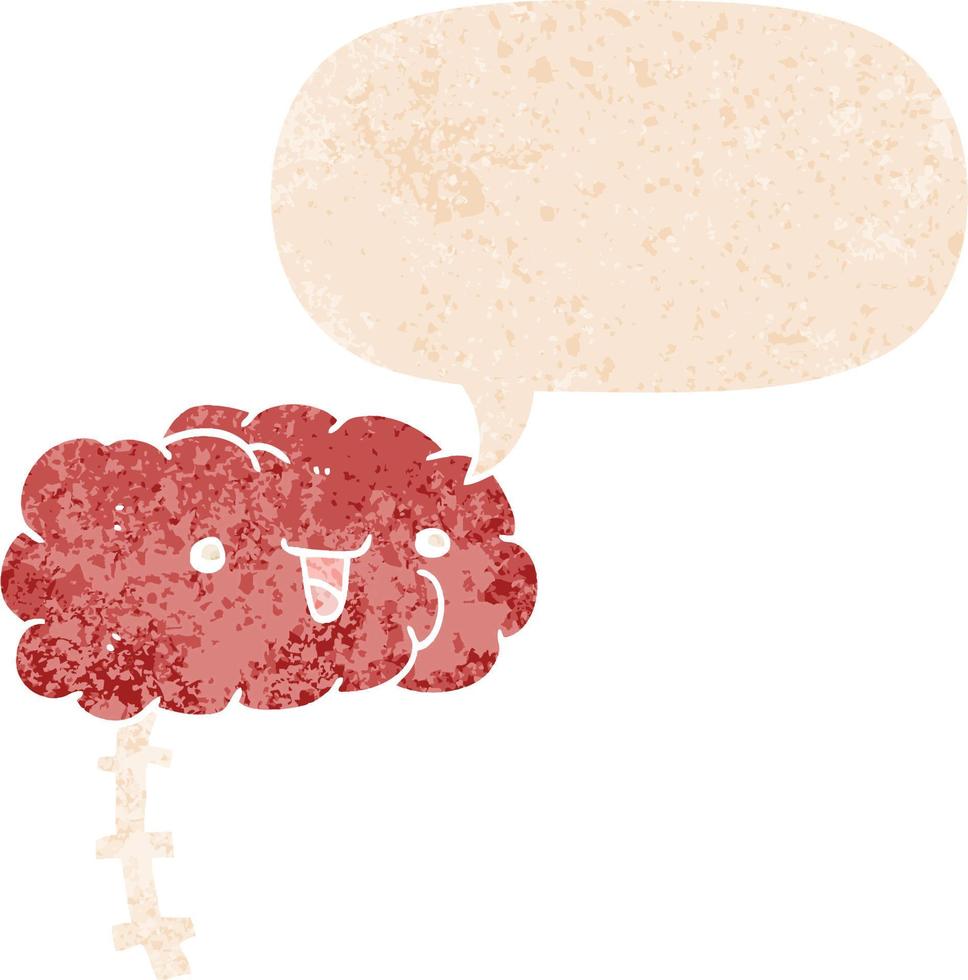 happy cartoon brain and speech bubble in retro textured style vector