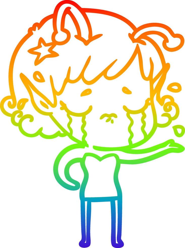 rainbow gradient line drawing cartoon crying alien girl vector