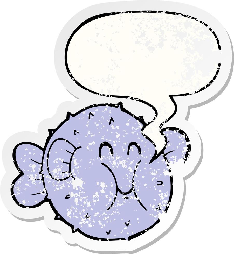 cartoon puffer fish and speech bubble distressed sticker vector