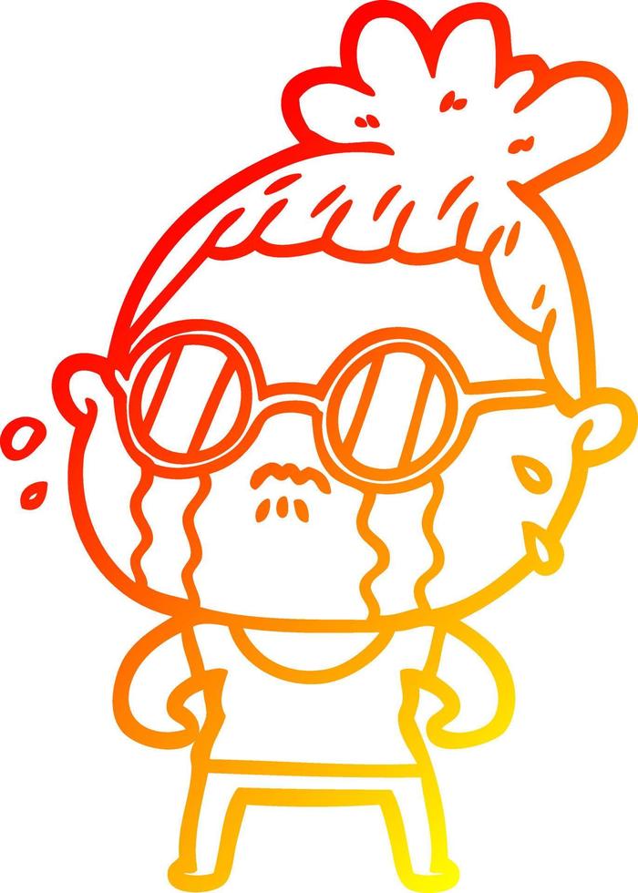 warm gradient line drawing cartoon crying woman wearing sunglasses vector