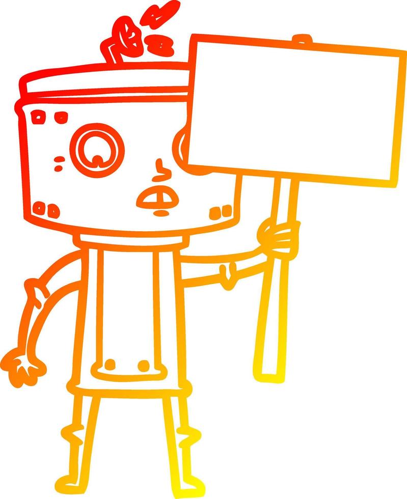 warm gradient line drawing cartoon robot with blank sign vector