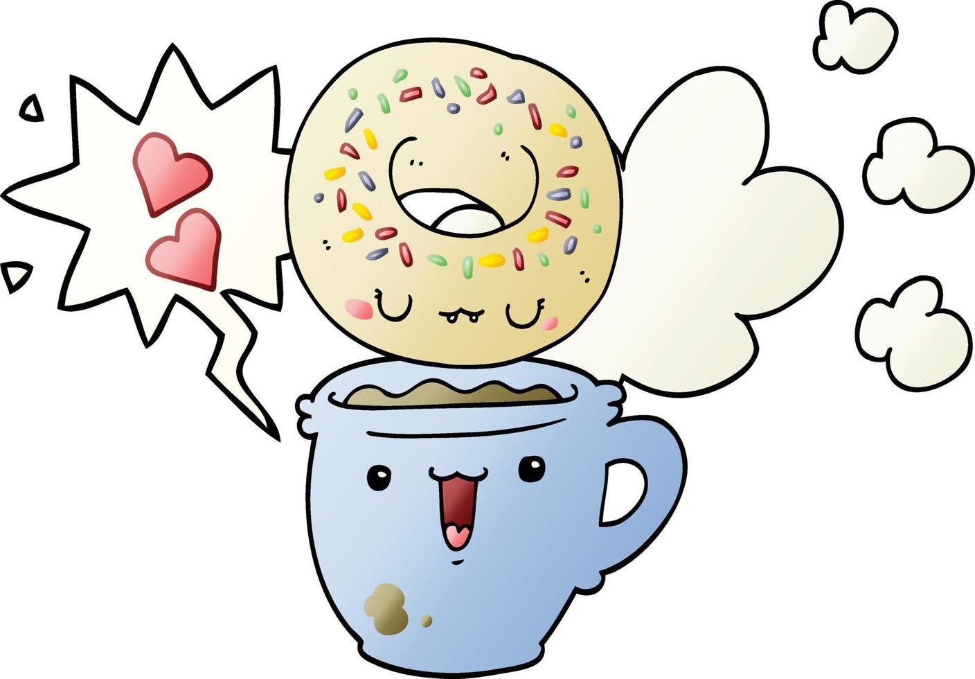 cute cartoon donut and coffee and speech bubble in smooth gradient style vector