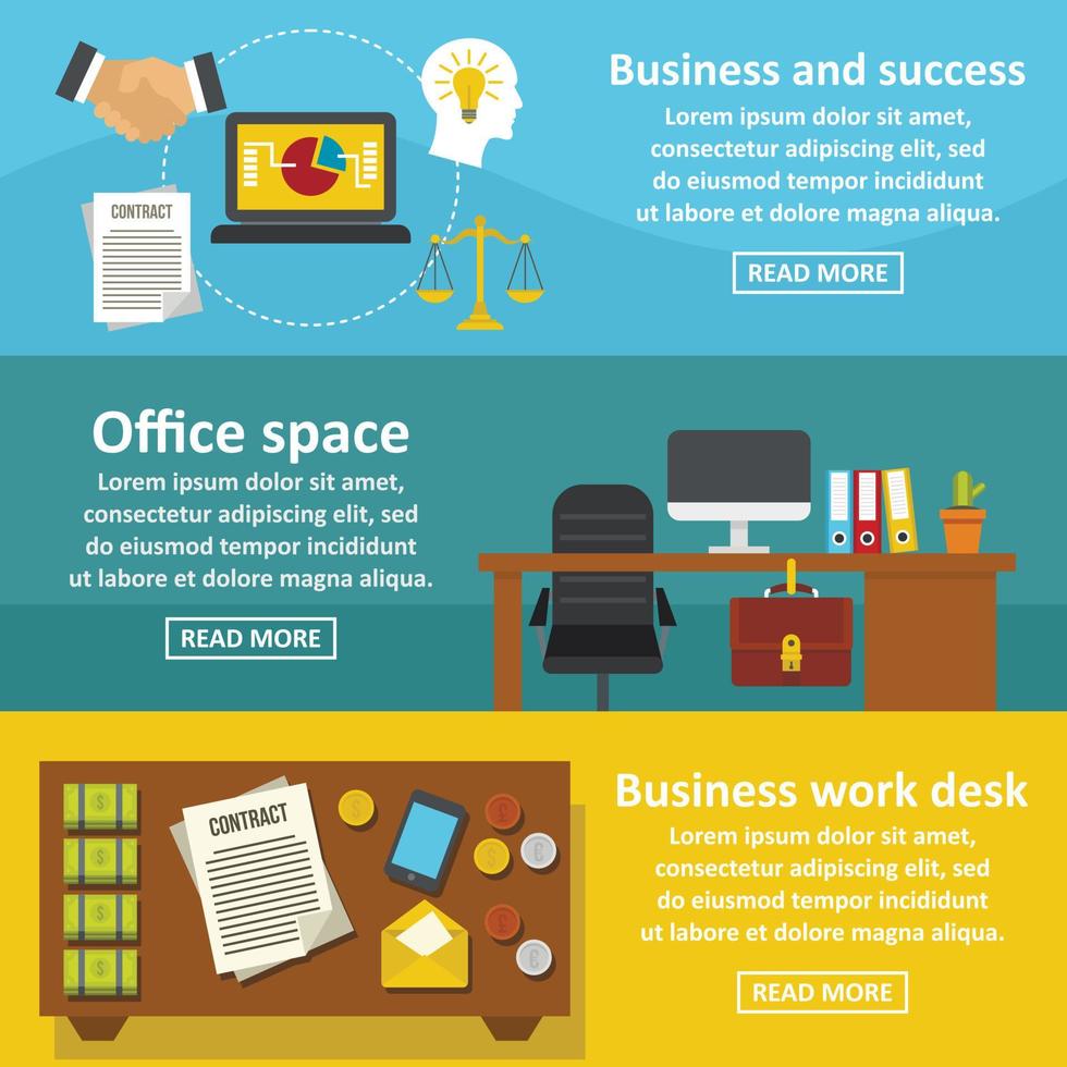 Office space banner horizontal set, flat style vector