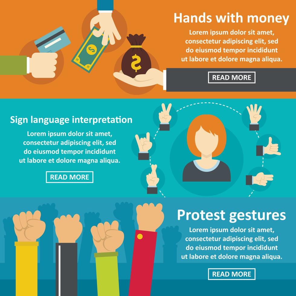 Hands gestures banner horizontal set, flat style vector