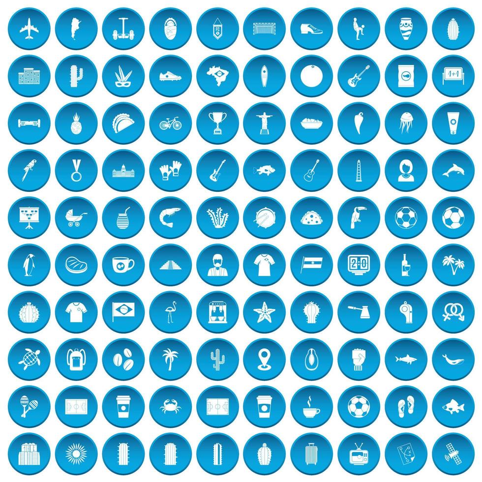 100 iconos de américa del sur conjunto azul vector