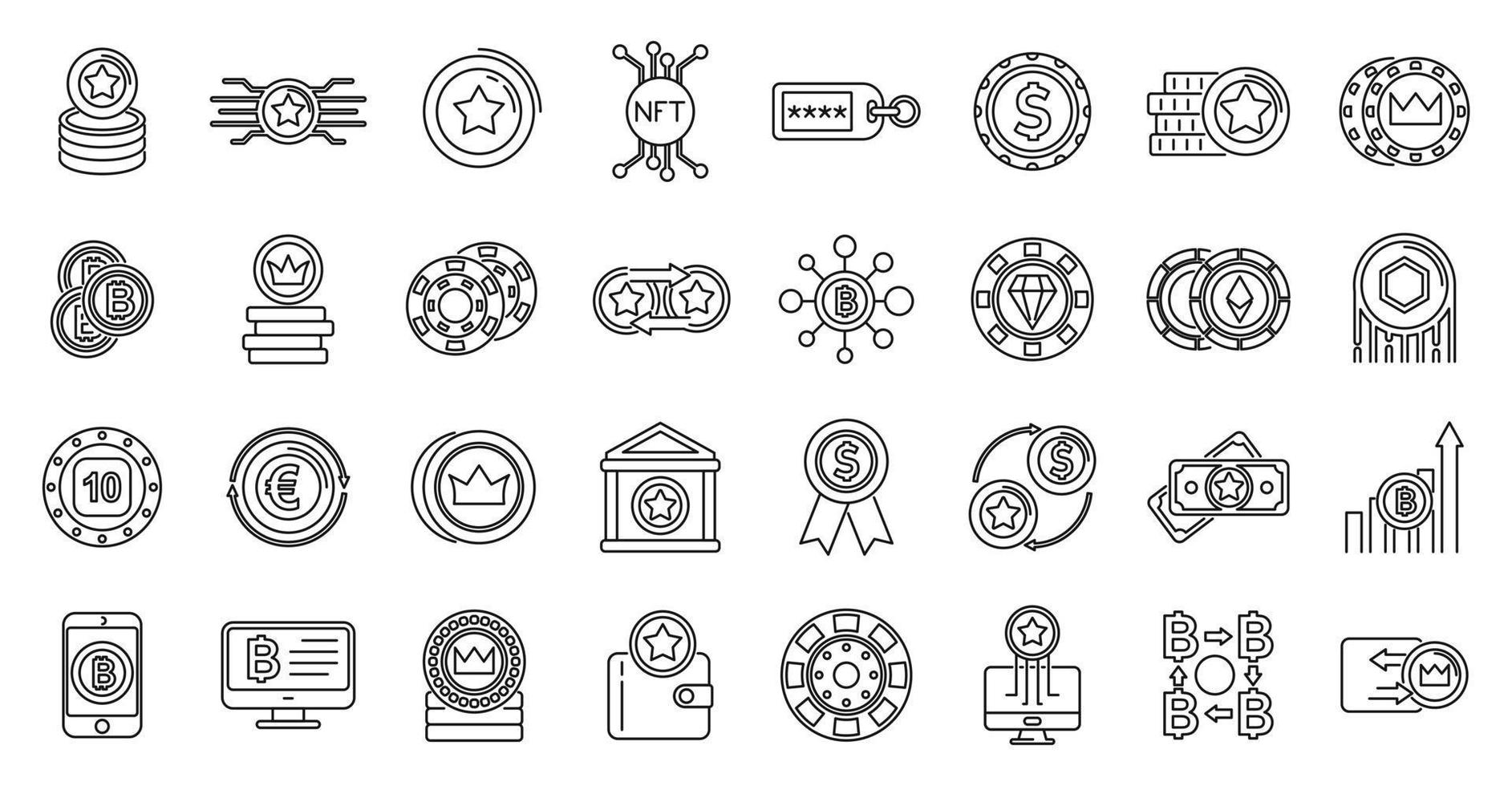 Tokens coins icons set, outline style vector