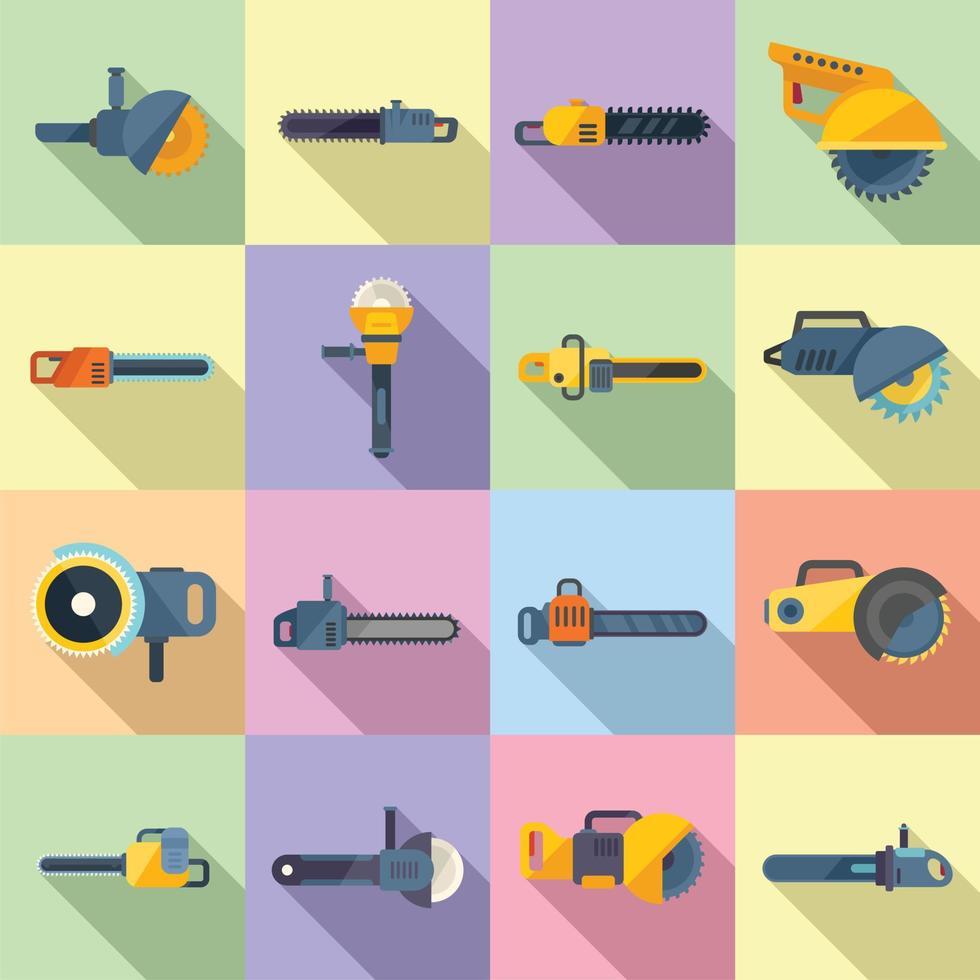 Electric saw icons set flat vector. Chainsaw equipment vector