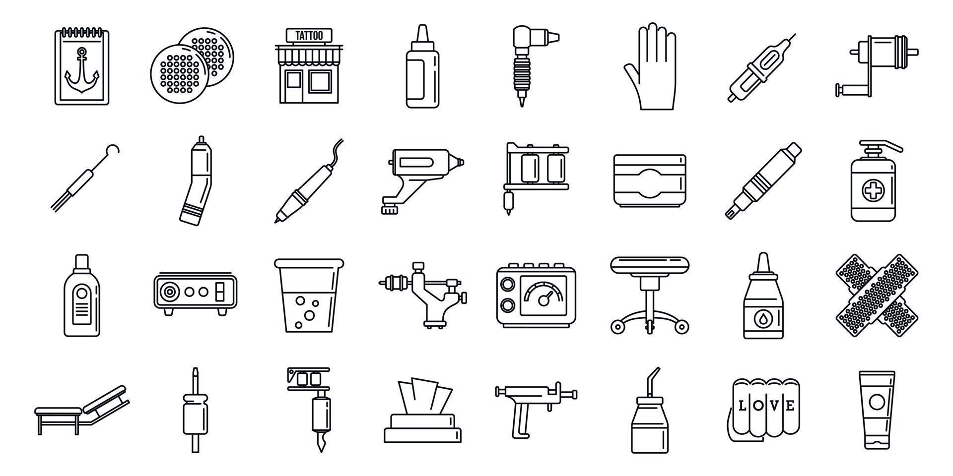 conjunto de iconos de estudio de tatuajes de la ciudad, estilo de esquema vector