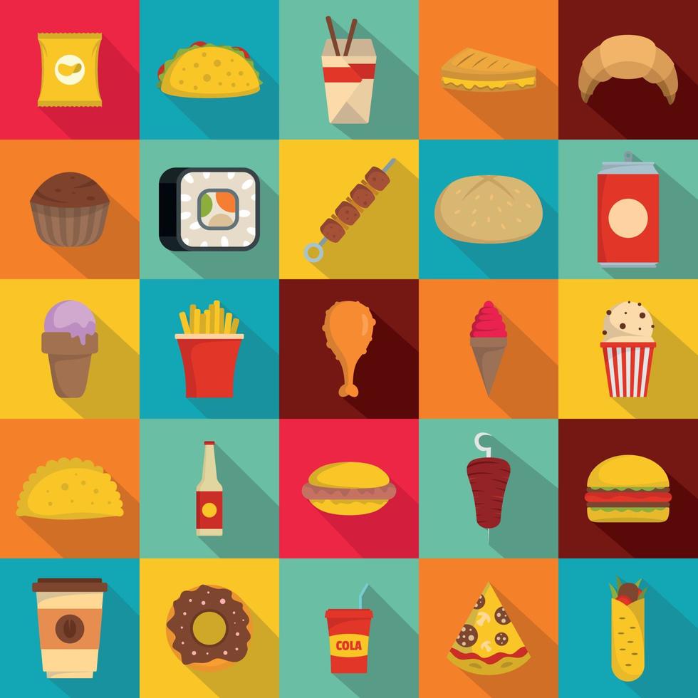 Fast food icons set, flat style vector