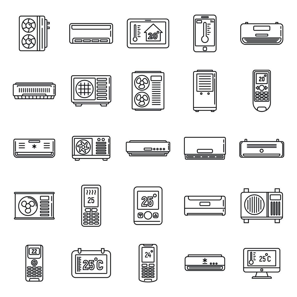 Modern climate control systems icons set, outline style vector