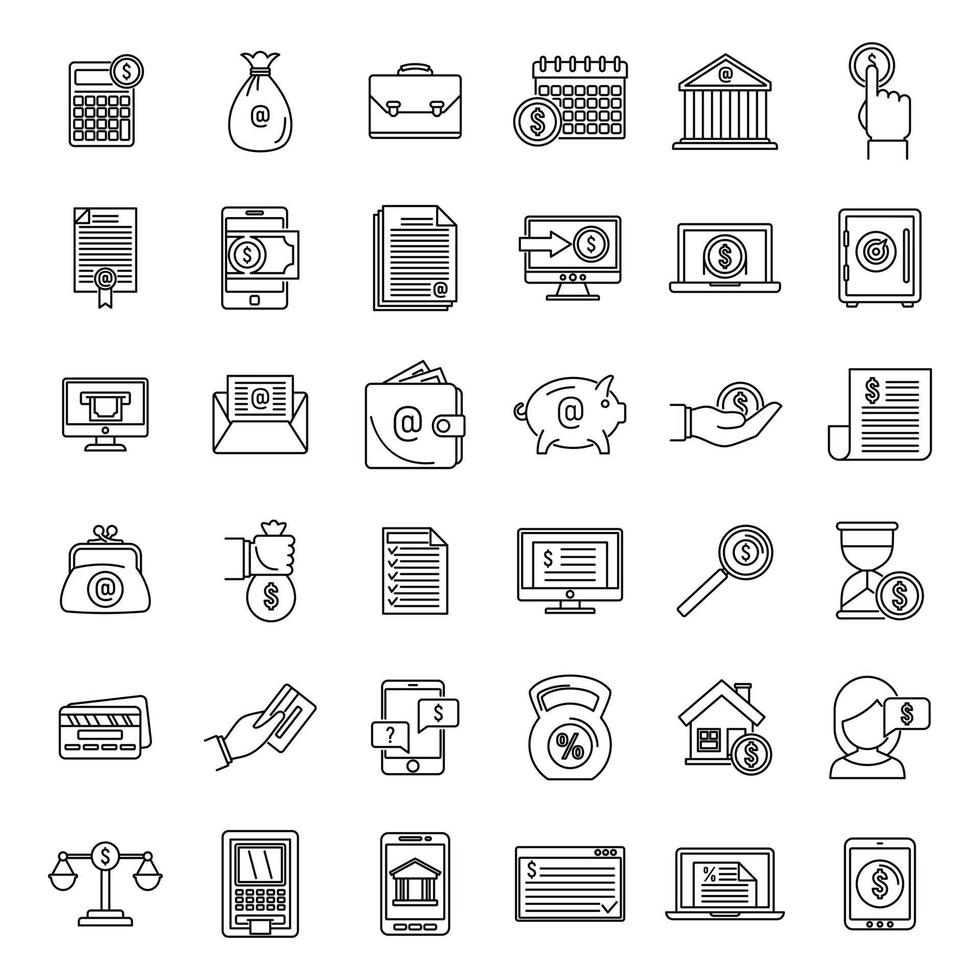 Modern online loan icons set, outline style vector