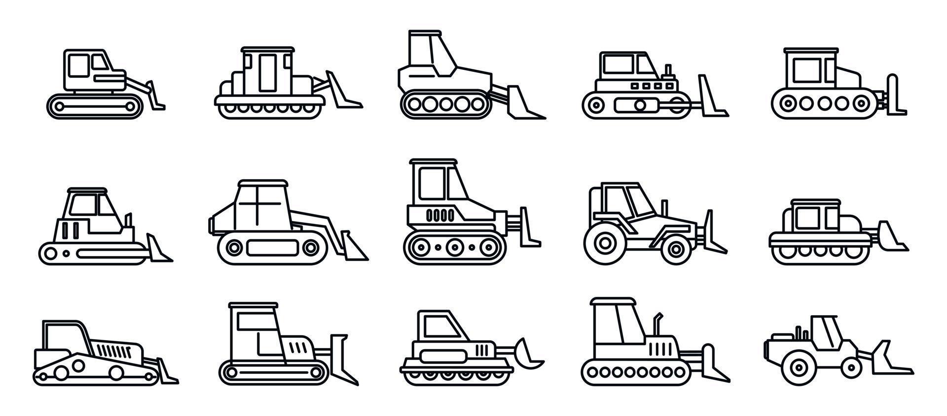 Construction bulldozer icons set, outline style vector