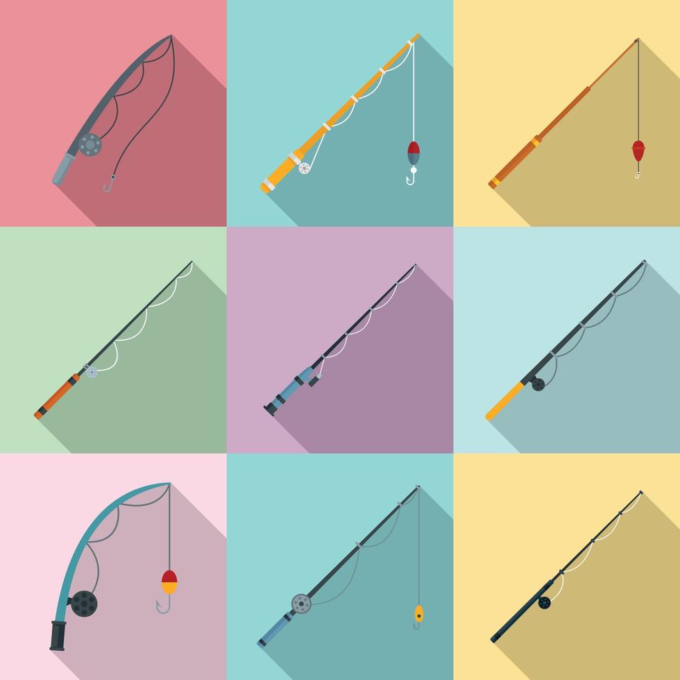 Fishing rod icons set, flat style vector