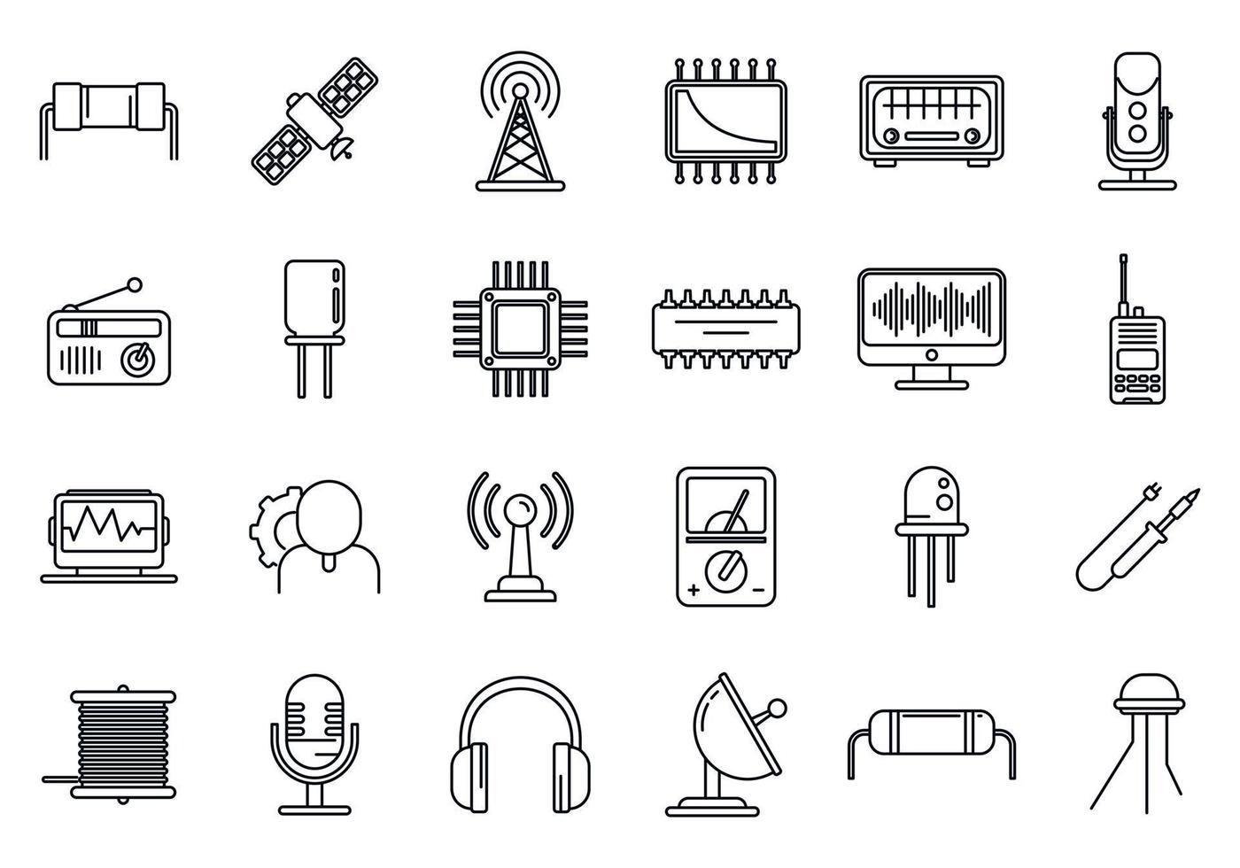 conjunto de iconos de herramientas de ingeniero de radio, estilo de contorno vector