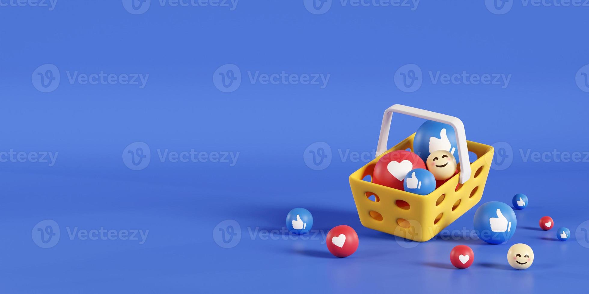 Online shopping banner with 3d shopping cart, clouds and social icons. 3d rendering photo