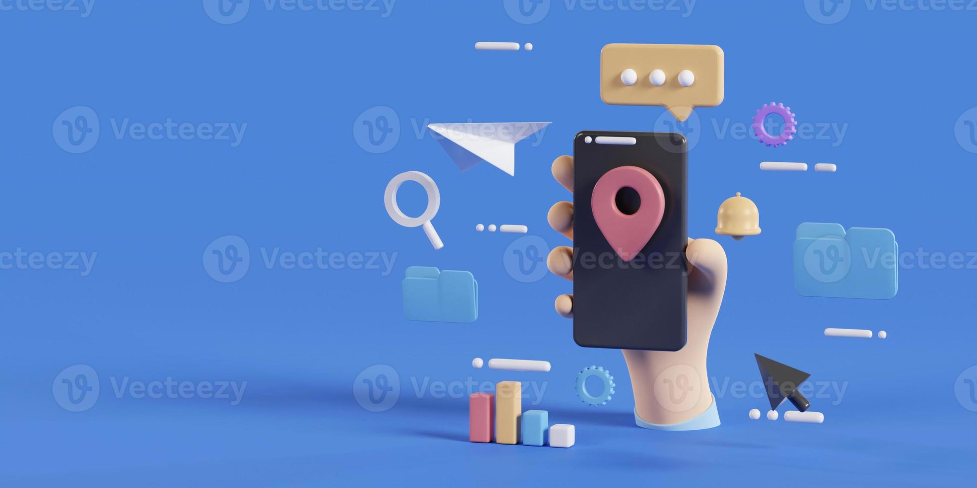 Hand holding smartphone and element icon, GPS location concept. 3D rendering photo