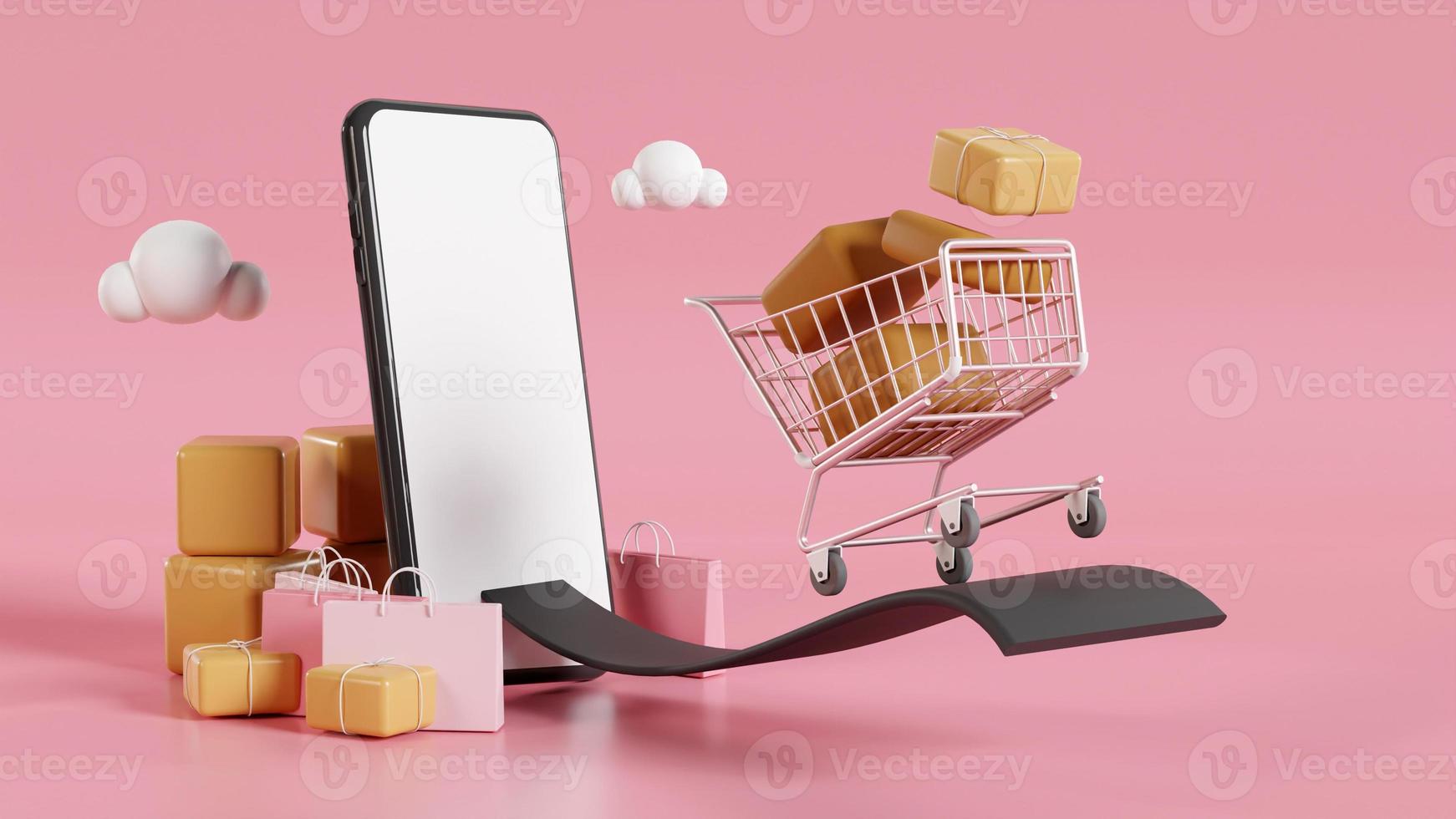 Shopping cart out of the smartphone, Shopping online in smartphone concept. 3D rendering photo