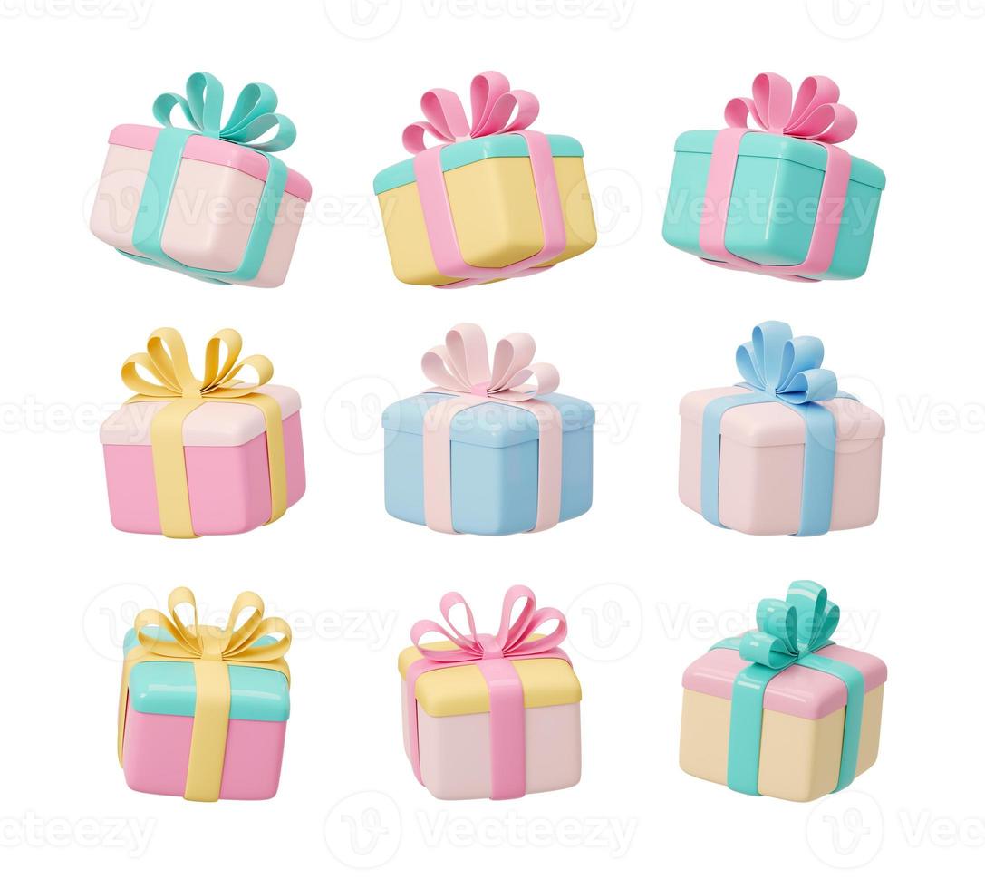 Collection of realistic gifts . Festive colorful decorative 3d render object. Isolated on white background. 3D Rendering photo