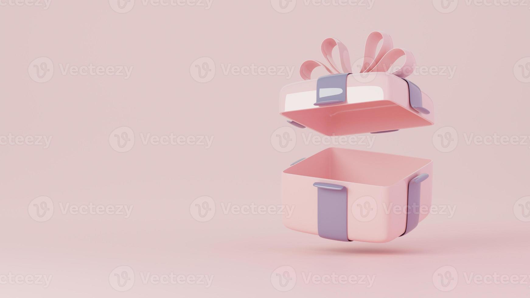 Open square empty gift box on pink glossy podium with copy space. 3D Rendering photo