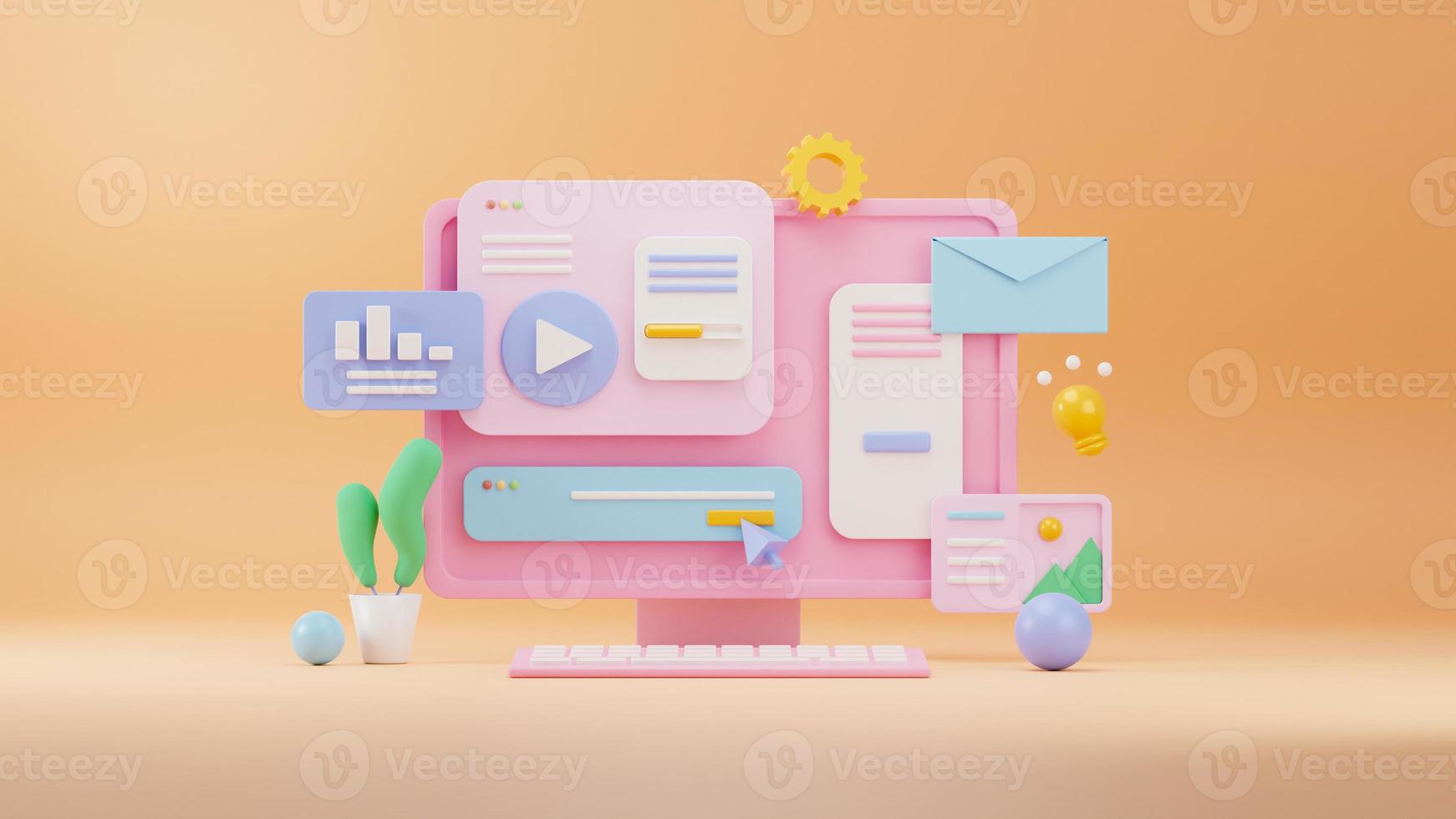 3D Web Design. Computer with open pages. Landing page template for web. 3D Rendering photo