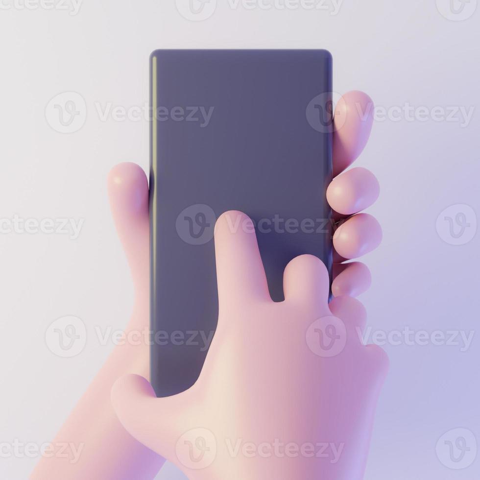 Hand hold vertical smartphone. Hand show cell phone vertical concept with copy space. 3d rendering photo