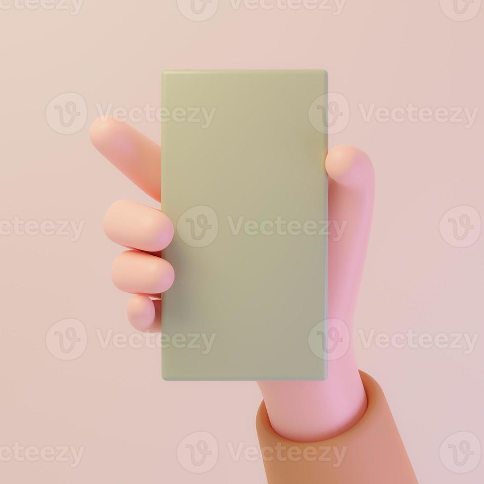 Hand hold vertical smartphone. Hand show cell phone vertical concept with copy space. 3d rendering photo