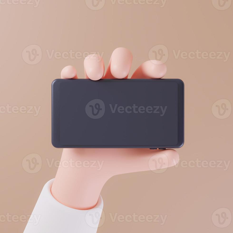 Hand holding black smartphone horizontal. hand hold game style concept. 3d rendering photo