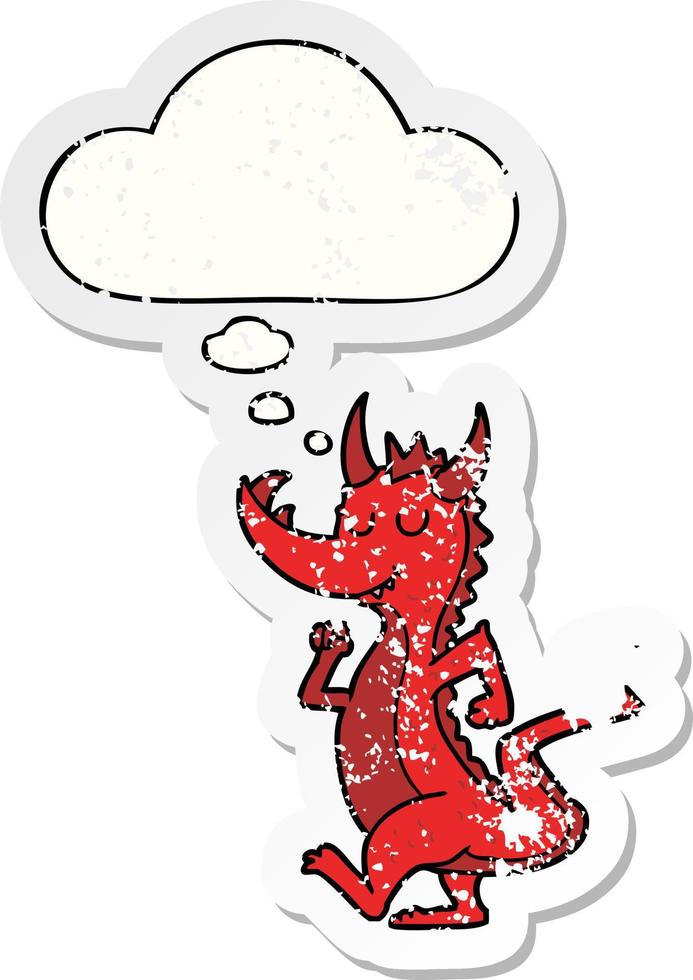 cartoon cute dragon and thought bubble as a distressed worn sticker vector