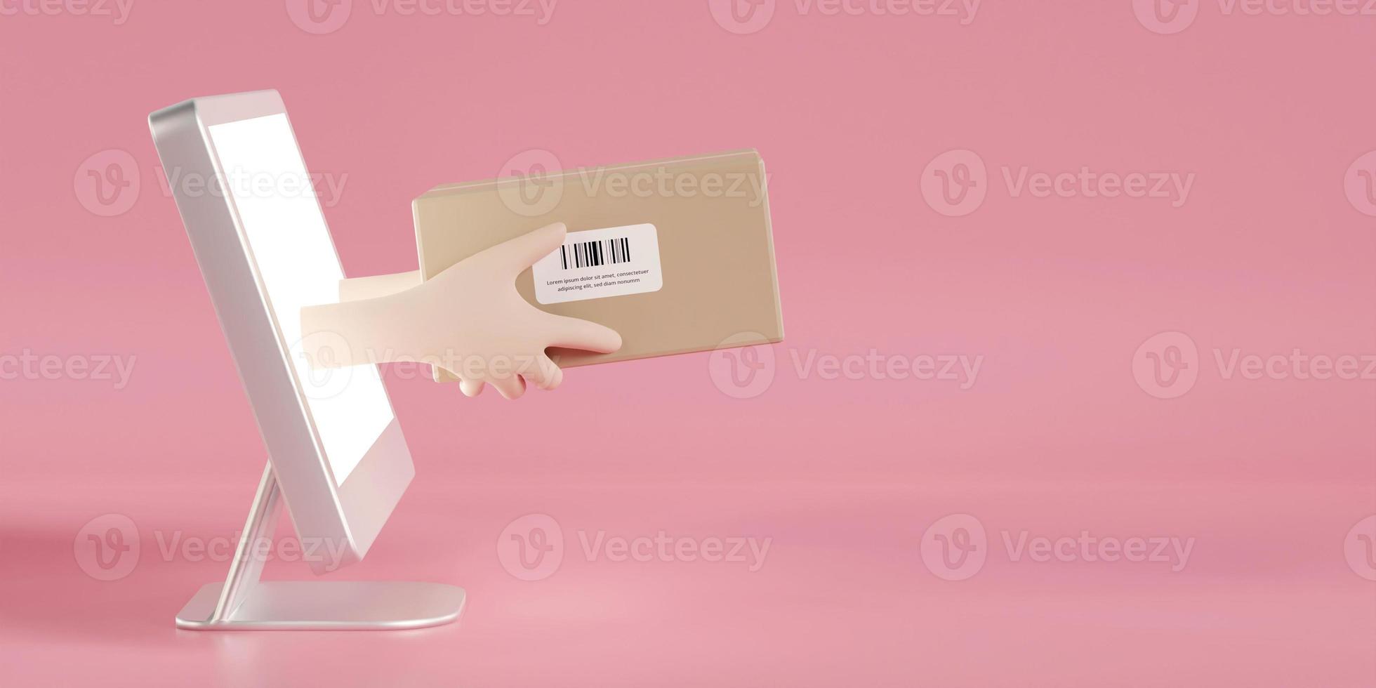 Giving a delivery package or a gift from the screen of the computer online. 3D rendering photo